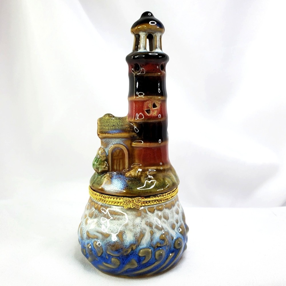 Lighthouse Trinket Box Hand-Painted Gold Butterfly Clasp 5.75" Tall Coastal